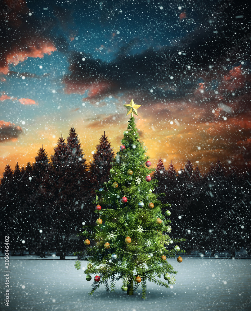 Composite image of christmas tree against fir tree forest in snowy landscape Composite image of christmas tree against fir tree forest in snowy landscape