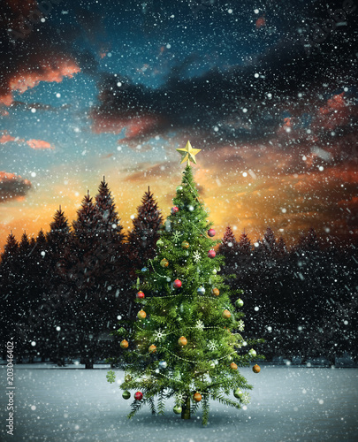 Composite image of christmas tree against fir tree forest in snowy landscape