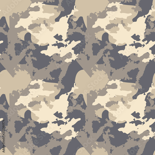 Urban camouflage of various shades of beige and navy. It is a colorful seamless pattern that can be used as a camo print for clothing and repeat background and backdrop or computer wallpaper