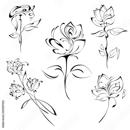 flowers 24. SET. stylized rose flower in black lines. SET