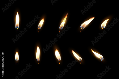 Vector 3d realistic different flame of a candle or match icon set closeup isolated on dark background. Design template, clipart for graphics