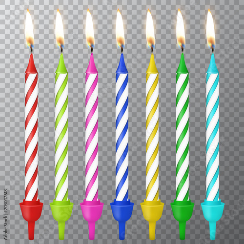 Vector 3d realistic different birthday party colofful wax paraffin burning cake candle icon set closeup isolated on transparency grid background. Design template, clipart for graphics