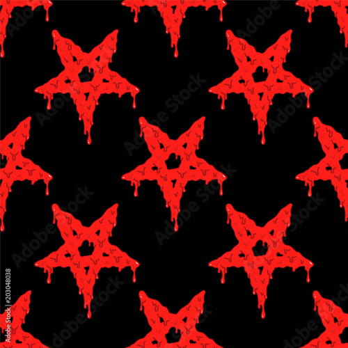 Cartoon seamless pattern with bloody pentagram symbol on black background. Occult vector illustration.
