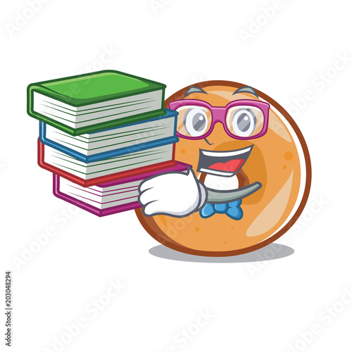 Student with book bagels mascot cartoon style