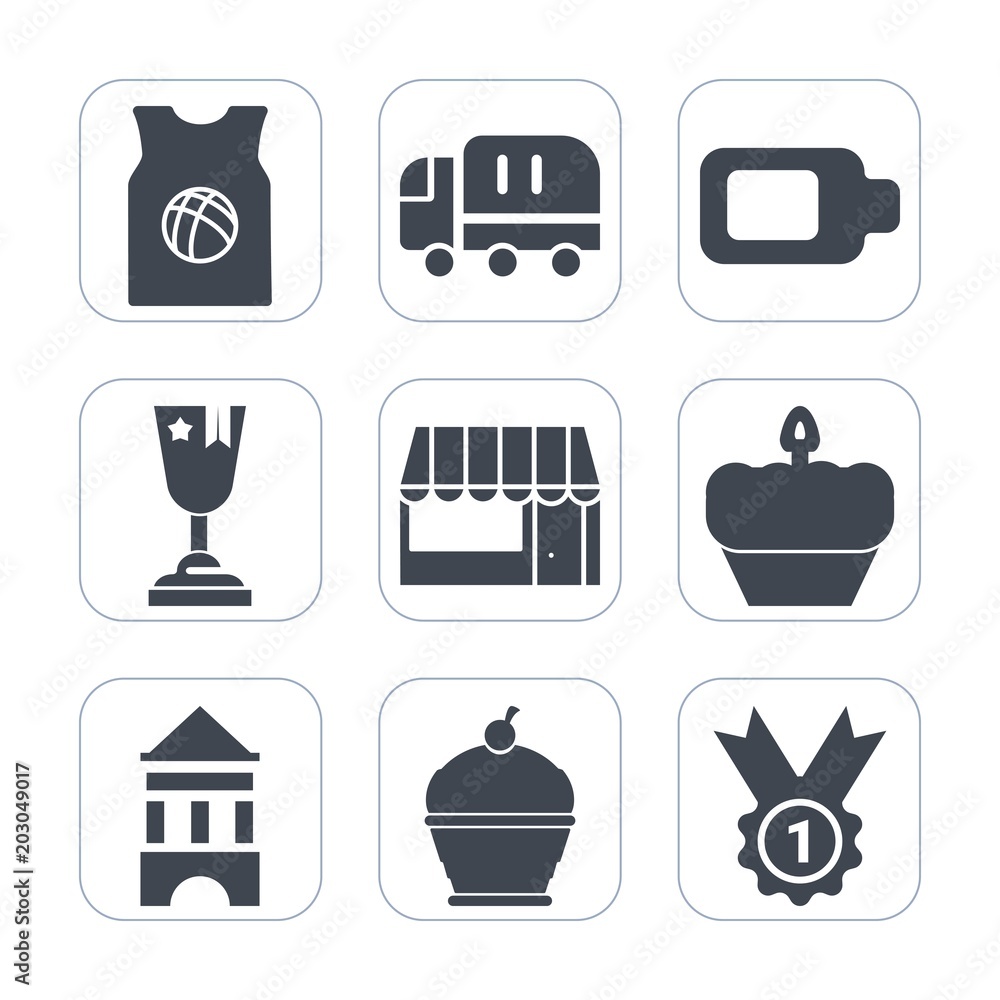 Premium fill icons set on white background . Such as full, truck, winner, award, transport, supermarket, basketball, win, sport, charger, champion, grocery, business, tower, t-shirt, competition, food