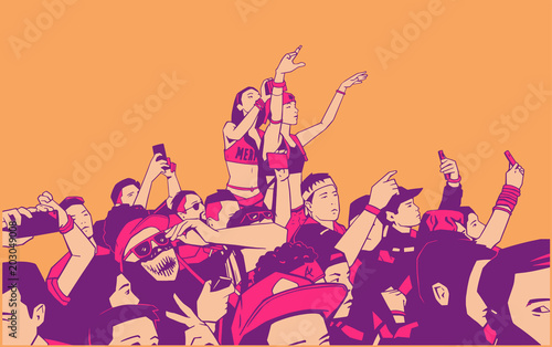 Illustration of large croncert crowd of people cheering at festival party with hands raised