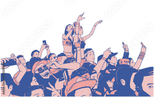 Illustration of large croncert crowd of people cheering at festival party with hands raised