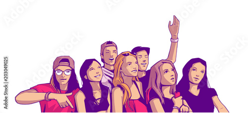 Illustration of group of young people friends cheering at live concert festival party