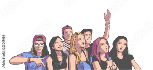 Illustration of group of young people friends cheering at live concert festival party