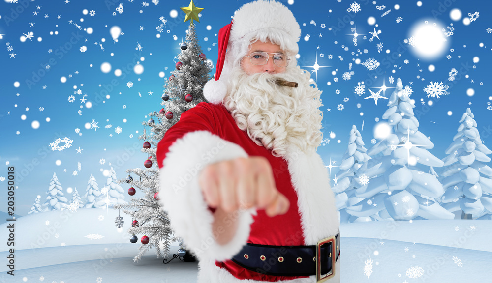 Portrait of santa with cigar against christmas tree in snowy landscape Portrait of santa with cigar against christmas tree in snowy landscape