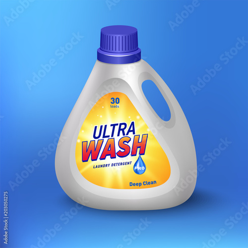 Laundry detergent package design, white container bottle with label in 3d illustration isolated on blue background photo