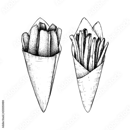 French fries vector illustrations. Hand drawn sketch of fried potatoes and chicken in vintage style.