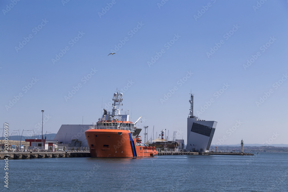 Big orange ship on the Port of Burgas, Bulgaria