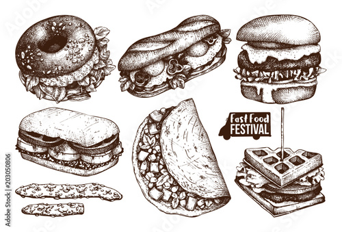 Street food festival menu. Vintage sketch collection. Fast food set. Engraved style design. Vector drink drawing. 