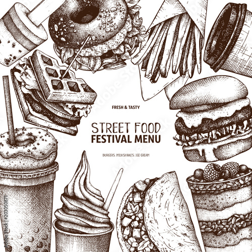 Street food and drinks festival menu with vintage illustrations. Fast food engraved style design with vector drawing for logo, icon, label, packaging, poster.