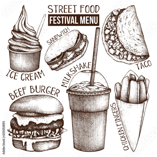 Street food festival menu. Vintage sketch collection. Fast food set. Engraved style template. Vector packaging design. 