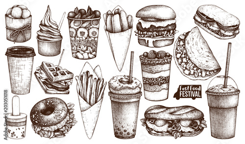 Street food festival menu. Vintage sketch collection. Fast food set. Engraved style design. Vector drink drawing. 