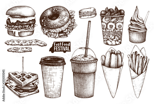 Street food festival menu. Vintage sketch collection. Fast food set. Engraved style design. Vector drink drawing. 