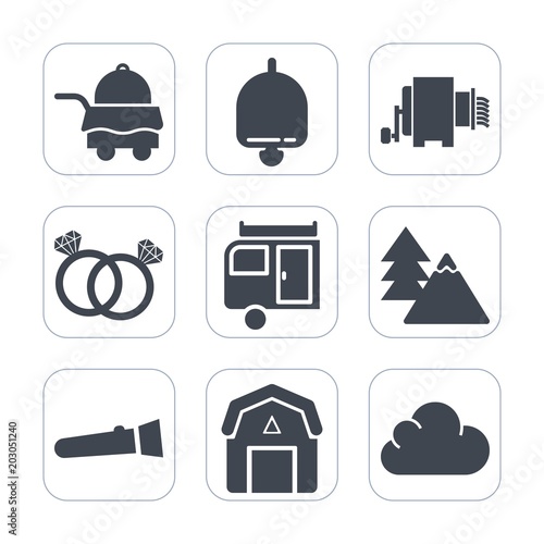Premium fill icons set on white background . Such as natural, trailer, white, italian, night, bed, hotel, sound, flashlight, wood, diamond, food, restaurant, alarm, wedding, farming, bedroom, staple