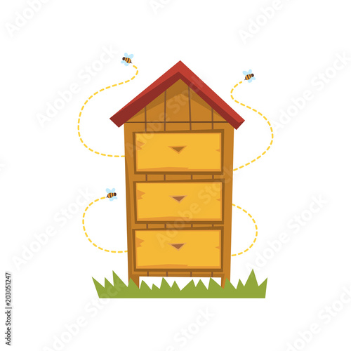 Wooden hive, apiary and beekeeping vector Illustration on a white background