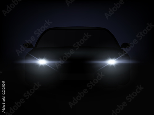 Realistic Car Lights Effect from Darkness Background. Vector
