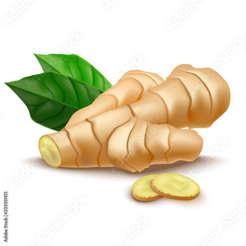 Fotografie, Tablou Realistic Detailed 3d Whole Ginger Root and Slices. Vector
