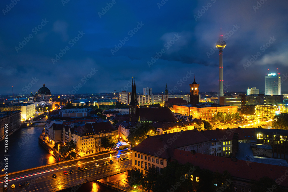 Illuminated landmarks in Berlin, Germany in the morning