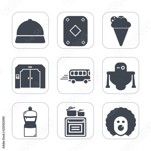 Premium fill icons set on white background . Such as white, oven, cream, object, vanilla, transport, casino, food, black, sign, equipment, clown, card, circus, transportation, speed, bus, android, hat