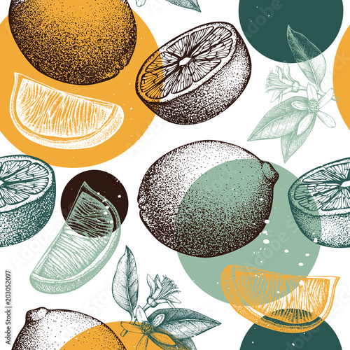 Vector seamless pattern with ink hand drawn citrus fruit, flowers, slice and leaves sketch. Vintage background with lime  plants.