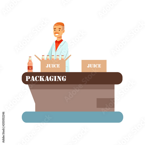 Worker packing bottles of juice in boxes, juice production process stage vector Illustration on a white background