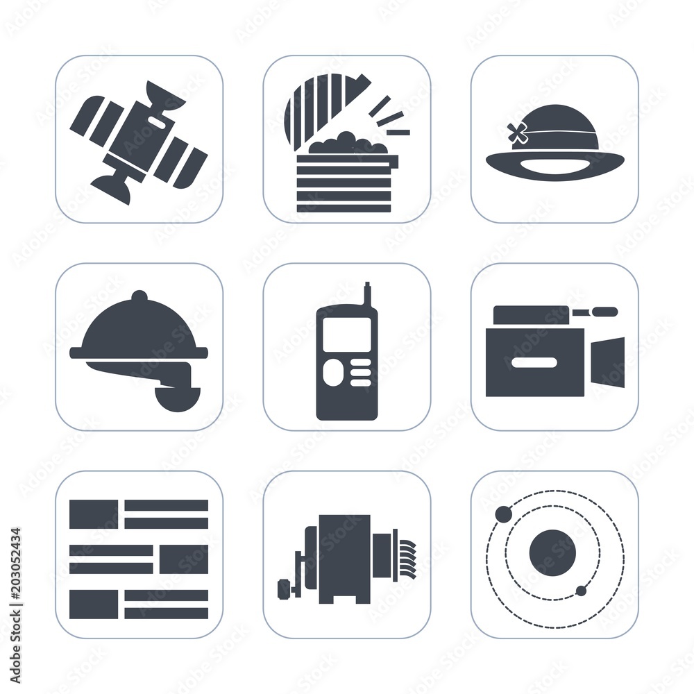 Premium fill icons set on white background . Such as waitress, mobile, technology, newspaper, orbit, station, galaxy, waiter, international, cooking, science, system, service, cafe, people, coffee