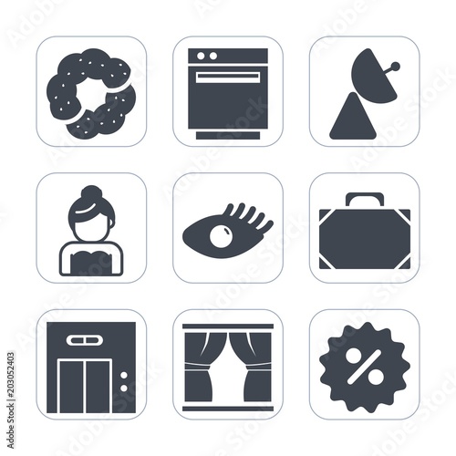 Premium fill icons set on white background . Such as muffin, gas, style, sign, leather, lift, curtain, chocolate, cookie, dessert, health, food, elevator, beautiful, bag, object, cupcake, bride, heat