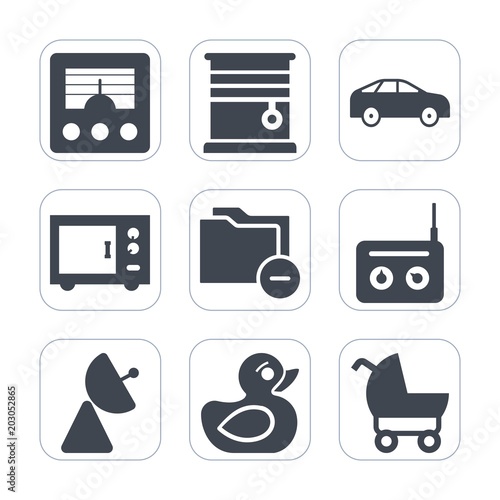 Premium fill icons set on white background . Such as rubber, antenna, data, bus, window, baby, wave, arrow, microwave, light, file, sound, child, folder, room, communication, music, interior, play