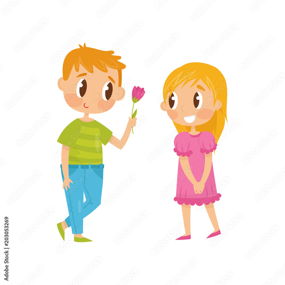 Lovely flat vector illustration of two little kids. Boy giving flower to girl. First love. Valentine s Day