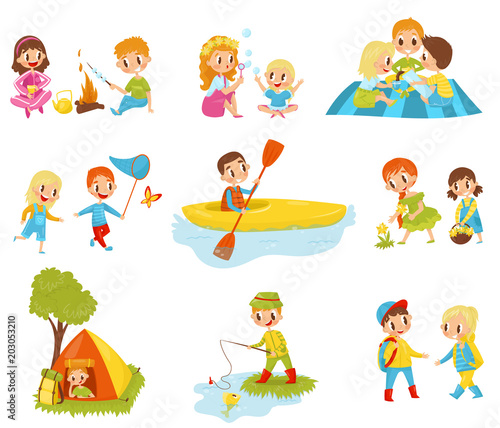 Flat vector set of little kids doing different activities. Fishing, cooking marshmallow on fire, picking flowers, kayaking, catching butterfly