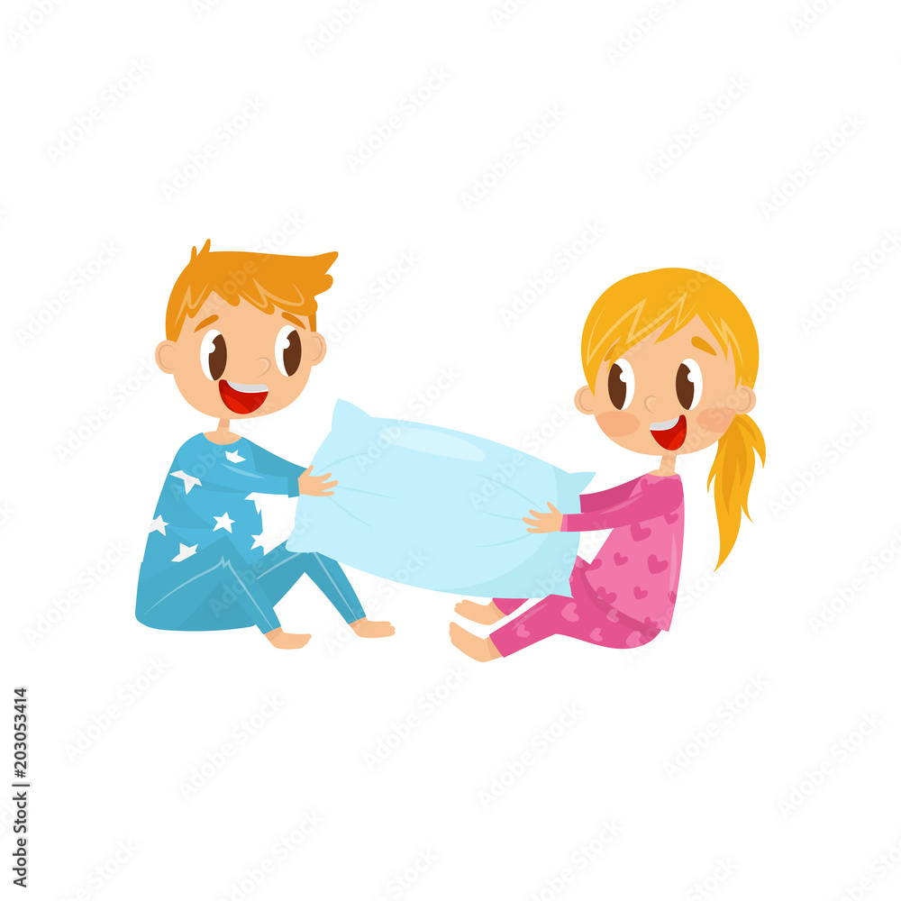 Cute kids in pajamas playing with pillow. Brother and sister having fun together. Happy childhood. Flat vector design