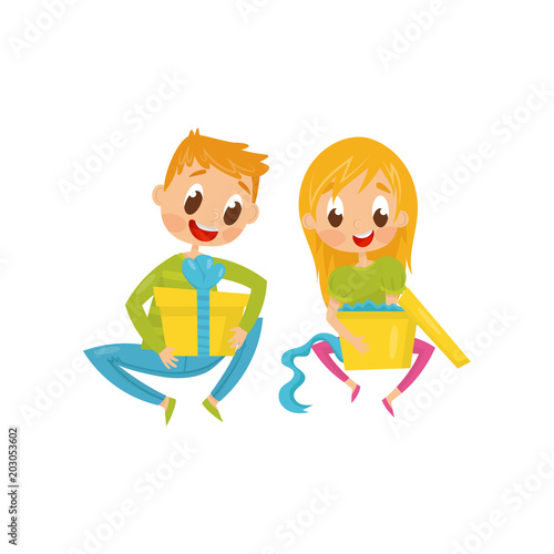 Cheerful little kids opening gift boxes. Children with holiday presents. Happy childhood. Flat vector design