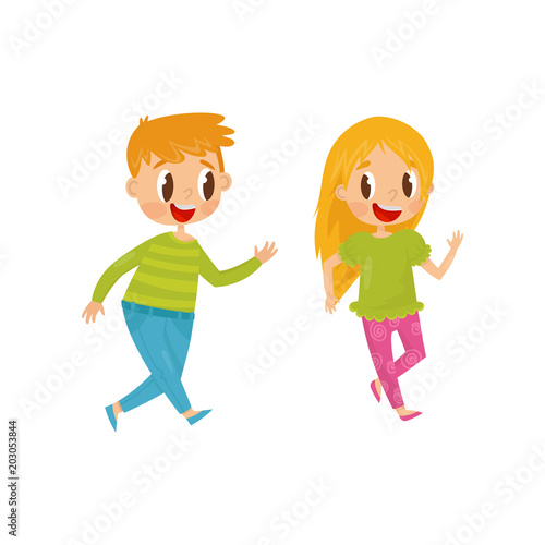 Cheerful children playing catch-up game. Happy childhood and friendship theme. Kids having fun together.Flat vector design