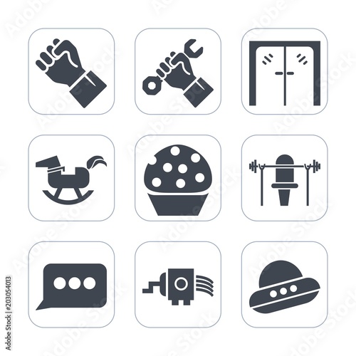 Premium fill icons set on white background . Such as food, robot, industry, work, concept, foreman, sign, communication, cheese, ufo, entrance, business, builder, spacecraft, occupation, spaceship