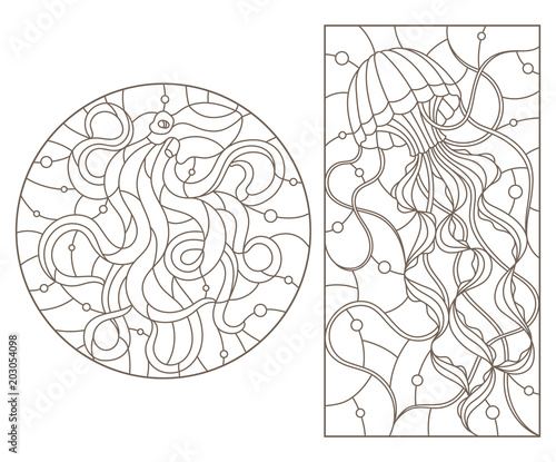 Set of outline illustrations of stained glass Windows with jellyfish and octopus, dark outlines on white background