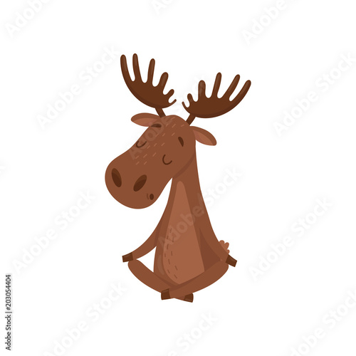 Elk sitting with crossed legs. Moose doing yoga exercise. Relaxation and meditation. Wild forest animal. Flat vector design