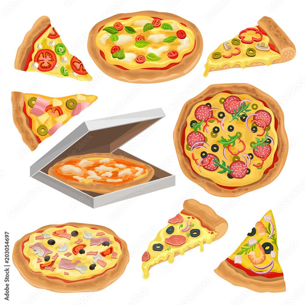 Flat vector set of round pizza, triangle slice and in cardboard box. Fast food theme. Element for promo poster, flyer or menu of pizzeria Flat vector set of round pizza, triangle slice and in cardboard box. Fast food theme. Element for promo poster, flyer or menu of pizzeria