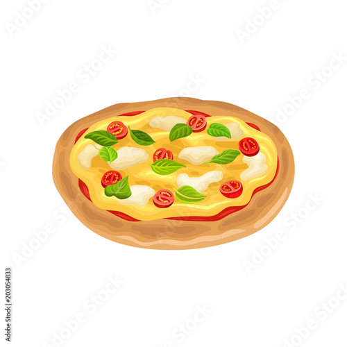 Cartoon icon of round Italian pizza with tomatoes, basil leaves and mozzarella cheese. Flat vector design for cafe or pizzeria menu