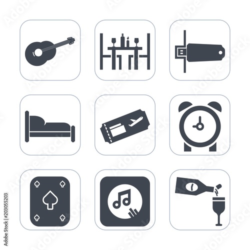 Premium fill icons set on white background . Such as wine, air, electric, flash, coffee, furniture, game, house, restaurant, bed, plane, ticket, drink, travel, home, spoon, digital, instrument, room