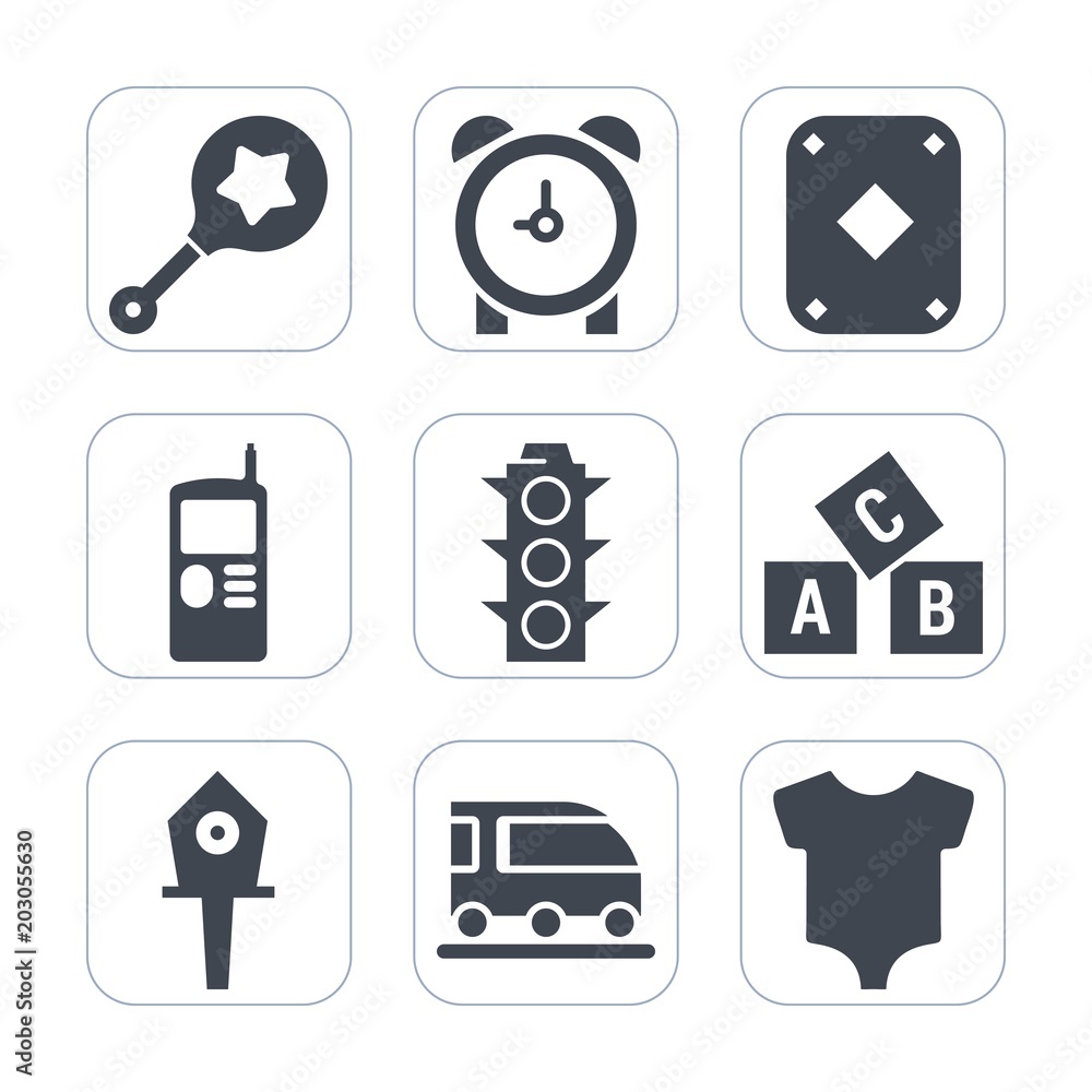 Premium fill icons set on white background . Such as clothes, casino, mobile, object, kid, poker, rattle, infant, abc, traffic, time, clothing, vehicle, transportation, shake, watch, van, newborn, toy