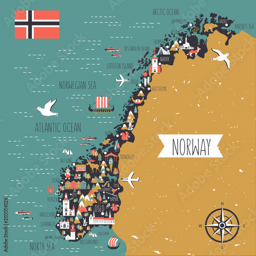 Norway travel cartoon vector map, norwegian landmark Brygge, Lindesnes Lighthouse, Narvik, Stavanger Cathedral, Akershus Fortress, Cathedral of the Northern Lights, Scandinavia, decorative wild animal