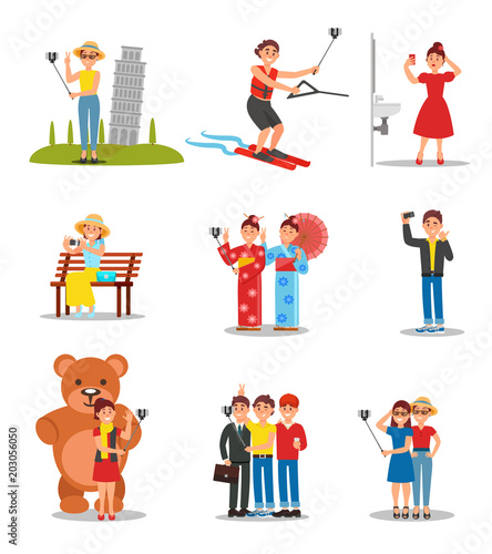Set of people making selfies. Young men and women with smartphones and monopods. Colorful flat vector design