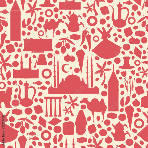 Seamless pattern, cartoon travel vector illustration, landmark Galata tower, Mount Nemrut, Selimiye mosque, Gok Medrese, turkish symbols Trojan horse, dervish, tulip, teapot, fish, Istanbul tram, food