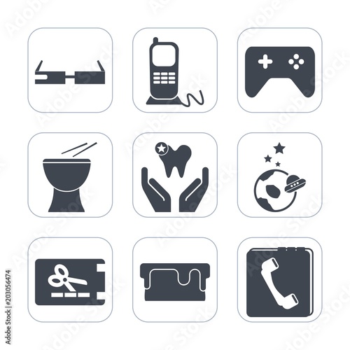 Premium fill icons set on white background . Such as book, game, smart, science, coupon, dentist, dental, musical, price, instrument, gaming, phone, music, healthy, internet, technology, office, sweet