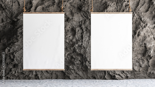 Photography Two Canvas hanged in the gallery with rock wall interior, 3d render